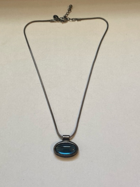 Express Jewelry - Gun metal  Necklace with Blue Oval Pendant - Women Jewelry